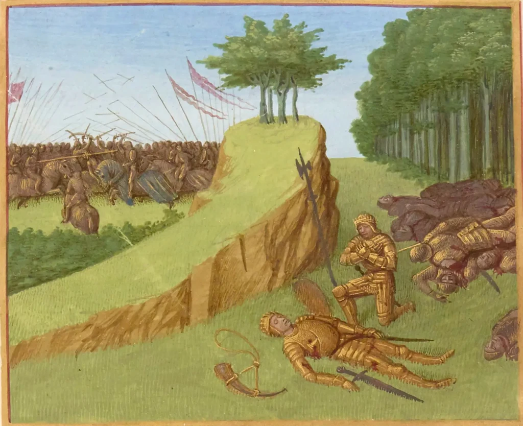 La mort de Roland au col de Roncevaux. Enluminure de Jean Fouquet, Grandes Chroniques de France, Paris, BnF, Département des Manuscrits, XVe siècle.